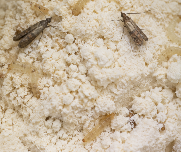Larves de mites alimentaires dans un paquet de farine
